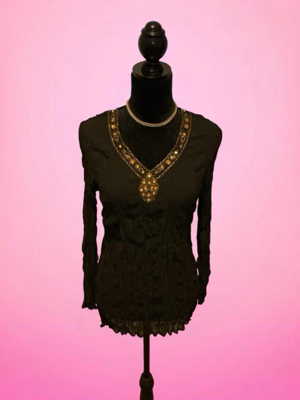 Worthington Black Long Sleeve V-Neck Top with Gold Beaded Neckline